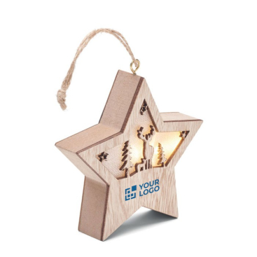 Houten kerstster gedecoreerd met licht en koord om op te hangen