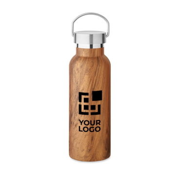 Dubbelwandige fles van gerecycled staal en houtlook 500 ml