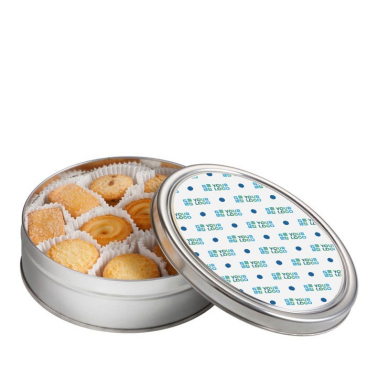 Rond blik met bedrukt deksel gevuld met 40 koekjes