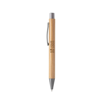 Bamboe balpen met metalen clip in blauwe inkt