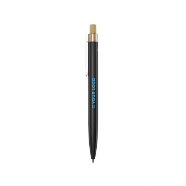 Pen van aluminium en bamboe met transparant blauw inktdetail