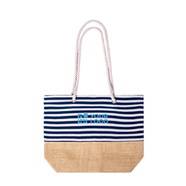 Gestreepte katoenen strandtas met jute basis 450g/m2