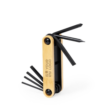 Multitool van zwart koolstofstaal met bamboe koffer