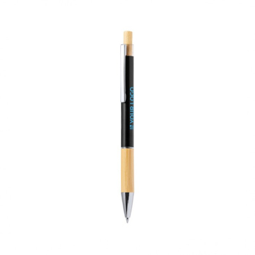 Aluminium balpen met drukknop en bamboedetail, blauwe inkt
