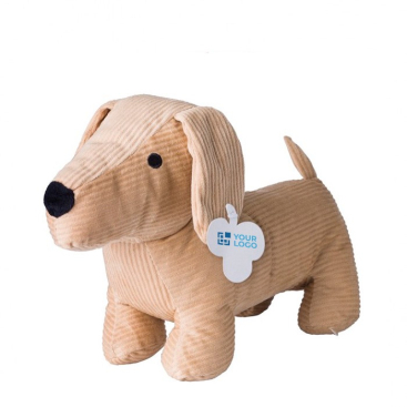 Pluche hond van corduroy met geborduurde ogen en label