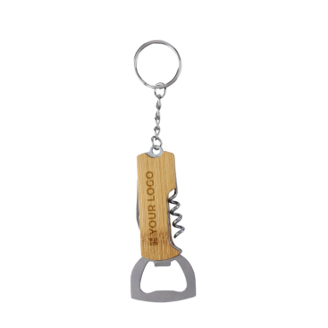 Bamboe sleutelhanger met flesopener, mes en kurkentrekker