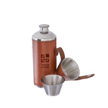 Roestvrijstalen fles met 2 bekers en leren hoes, 230 ml