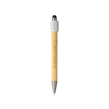 2-in-1 bamboe pen met touchfunctie en spinner blauwschrijvend