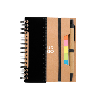 Notitieboek met diverse plaknotities, liniaal en balpen, A6