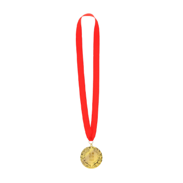 Klassieke winnaarsmedaille met gouden afwerking en rood lint