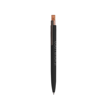 Gerecycled aluminium balpen met kurken drukknop en blauwe inkt