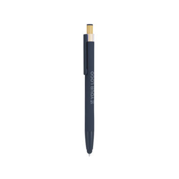 Aluminium styluspen met bamboe drukknop en blauwe inkt