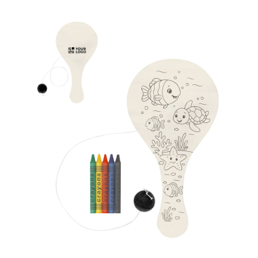 Houten racketset met bal om in te kleuren met waskrijtjes