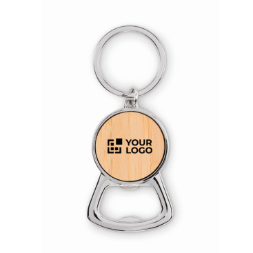 Metalen flesopener-sleutelhanger met bamboe cirkeldetail