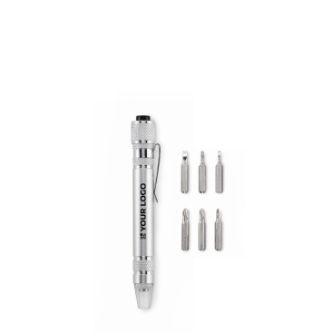 Aluminium multitool in de vorm van een balpen met zaklamp