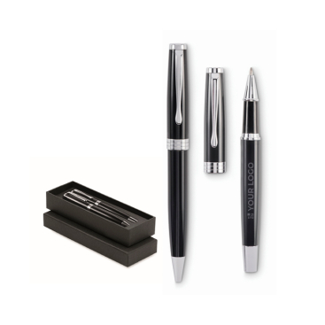 Balpen met blauwe inkt en roller met zwarte inkt in etui