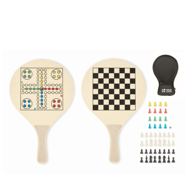 Houten strandrackets met spellen en RPET-mesh tas