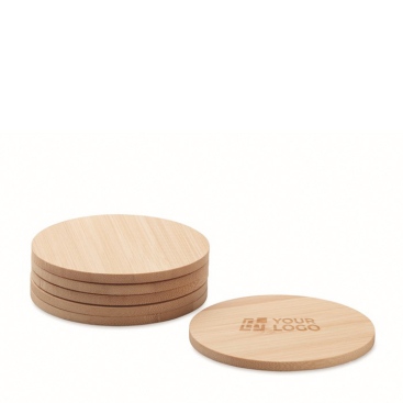 Set van 6 ronde bamboe onderzetters met logo weergave met jouw bedrukking