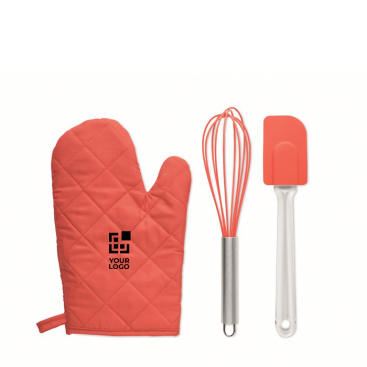 Keukenset met ovenwanten met logo kleur rood