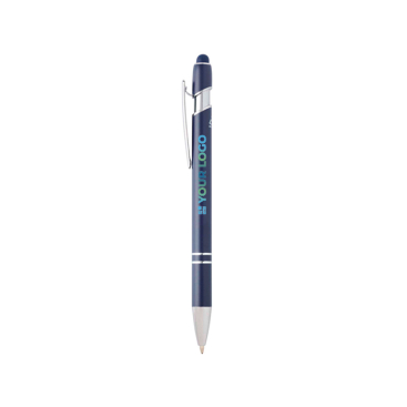 Balpen van gerecycled aluminium met touchscreenpunt, blauwe inkt