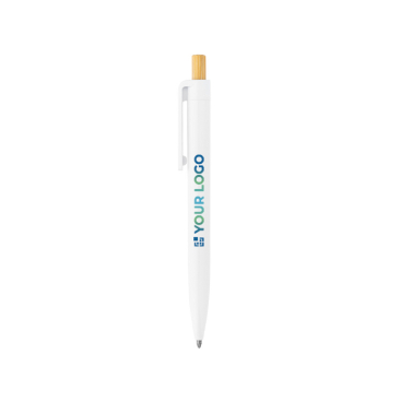 Balpen van gerecycled plastic met bamboe drukknop, blauwe inkt