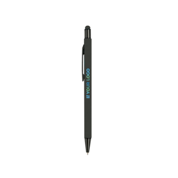Aluminium balpen met rubberen body en stylus, blauwe inkt met jouw bedrukking