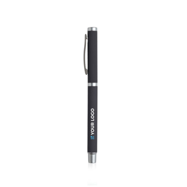 Metalen rollerpen met rubberen afwerking en clipdop, blauwe inkt met jouw bedrukking