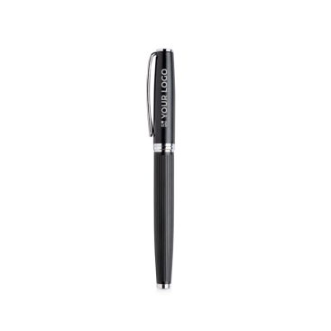 Elegante metalen rollerpen met geribbeld lichaam, zwarte inkt met jouw bedrukking
