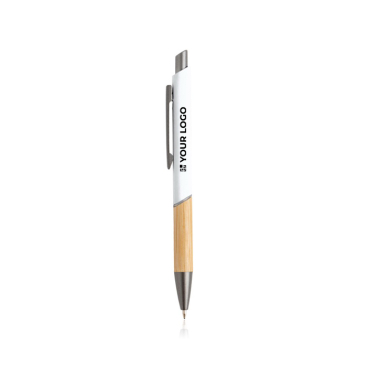 Pen van gerecycled aluminium met bamboe grip, blauwe inkt
