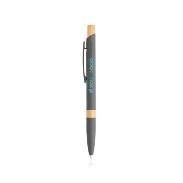 Pen van gerecycled aluminium met bamboedetails, blauwe inkt