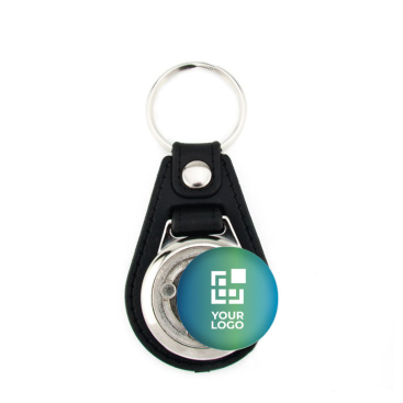 Sleutelhanger met personaliseerbare inzet en winkelwagenmuntje met jouw bedrukking