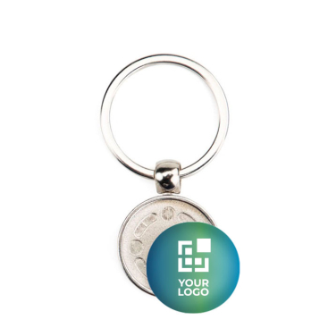 Ronde metalen sleutelhanger met personalisatie aan beide zijden en dop met jouw bedrukking