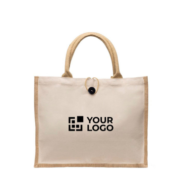 Tas van katoen en jute met knoopsluiting en handvatten 310 g/m² met jouw bedrukking