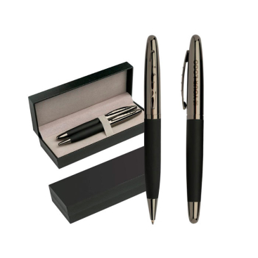 Set van metalen balpen en roller met rubberachtige grip, blauwe inkt met jouw bedrukking