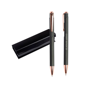 Set van balpen en vulpotlood met metalen details, blauwe inkt met jouw bedrukking