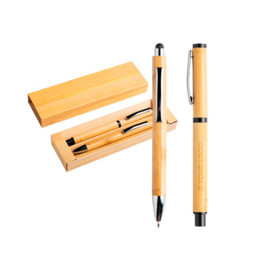 Balpen en roller gemaakt van bamboe met clip en etui, blauwe inkt met jouw bedrukking