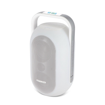 Witte speaker met sfeerverlichting en bovenhandvat van Muse