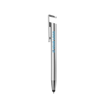 Plastic pen met stylus en telefoonhouder met blauwe inkt met jouw bedrukking