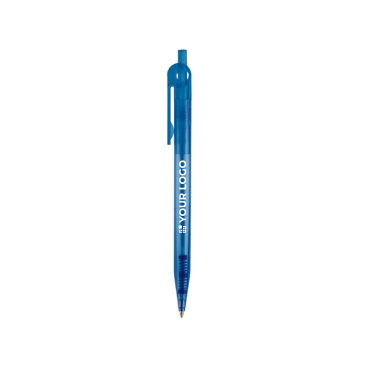 Transparante plastic pen met detail op de drukknop met jouw bedrukking