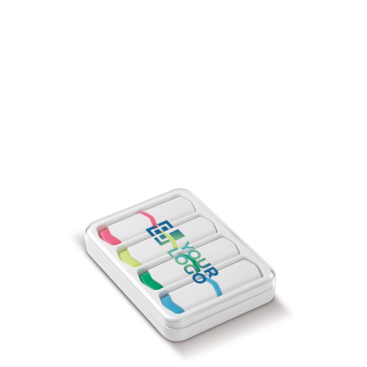 Set van 4 mini markeerstiften in diverse kleuren in transparante doos met jouw bedrukking