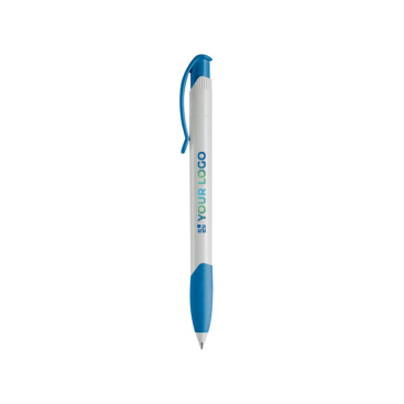 Witte plastic pen met gekleurde gebogen clip gemaakt in de EU met jouw bedrukking