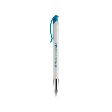 Witte plastic pen met details op de drukknop met jouw bedrukking