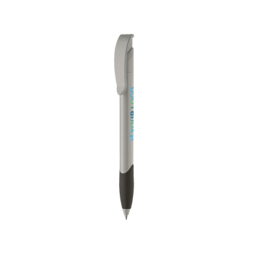 gerecyclede plastic pen met gebogen clip en blauwe inkt met jouw bedrukking