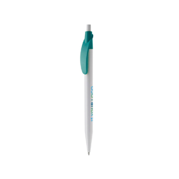 Witte plastic pen met gekleurde gebogen clip met jouw bedrukking