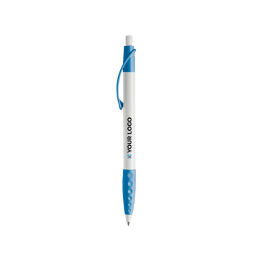 Witte pen met gekleurde details en getextureerde grip met jouw bedrukking