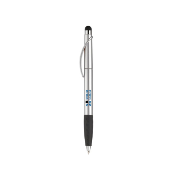 Plastic pen met stylus en gekleurde getextureerde grip met jouw bedrukking