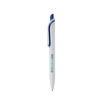 Witte plastic pen met kleurrijke drukknop gemaakt in de EU met jouw bedrukking
