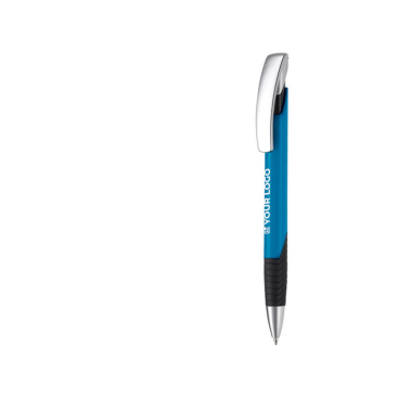 Pen met getextureerde grip en metalen drukknop gemaakt in de EU met jouw bedrukking