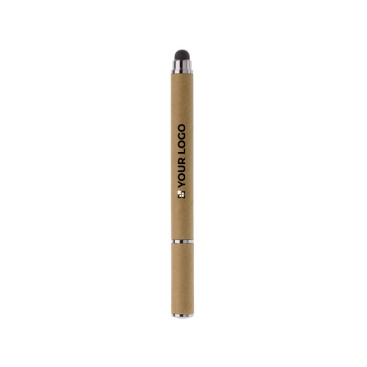 Papieren pen met blauwe inkt, dop en stylus met jouw bedrukking