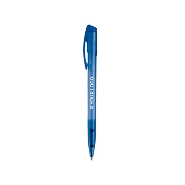 Transparante gekleurde plastic pen met gebogen clip met jouw bedrukking
